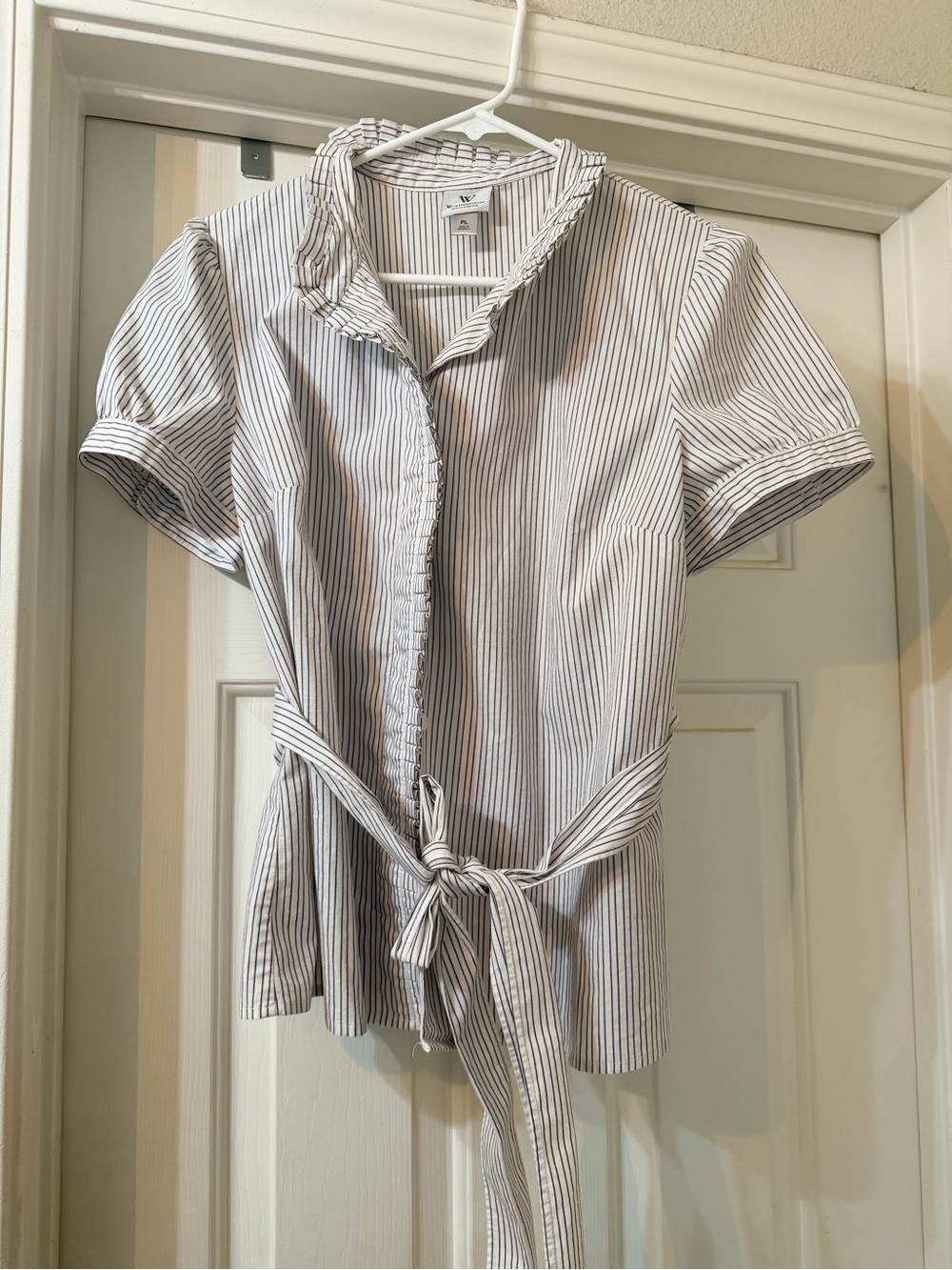 Worthington White and Black Pinstripe Button-Down Tie-Waist Shirt